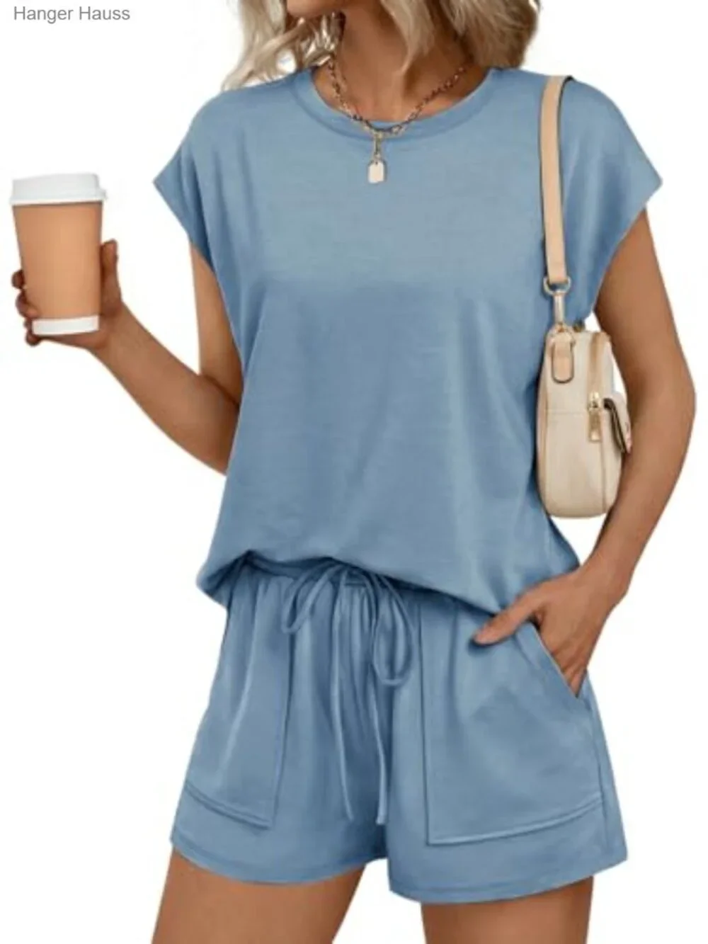 2 Piece Short Set Lounge Outfit Cap Sleeve Top High Waist Shorts
